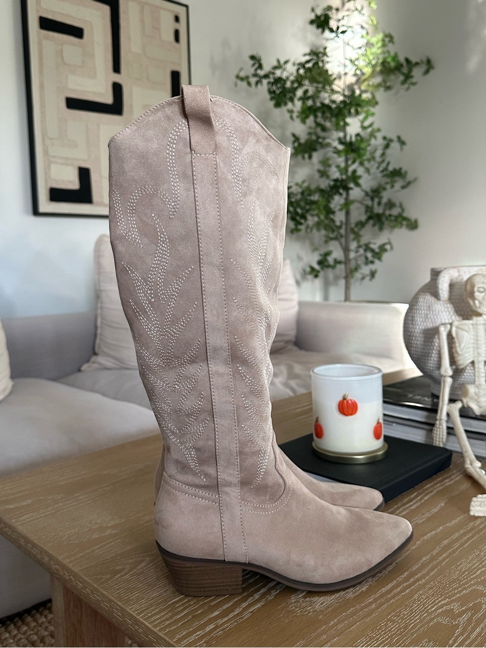 Suede Cow Boy Boots - Taupe